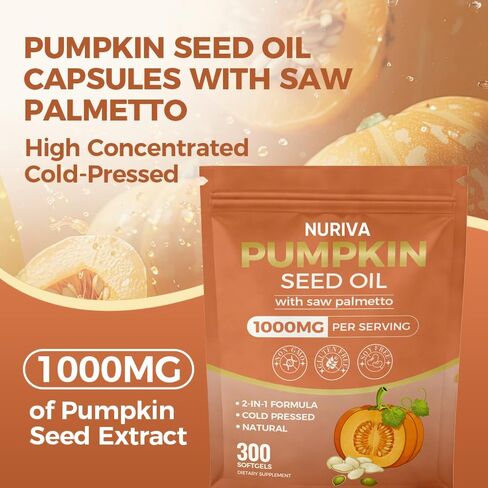 Nuriva Pumpkin Seed Oil with Saw Palmetto Capsules – 2-in-1 Formula, Cold-Pressed Virgin Oil, 300 Softgels | Essential Fatty Acids | Supports Hair Growth, Bladder & Prostate Health | Non-GMO(1 PACK) in Kuwait