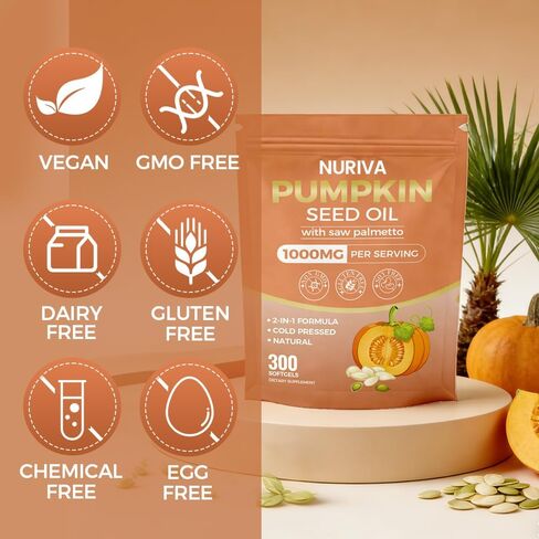 Nuriva Pumpkin Seed Oil with Saw Palmetto Capsules – 2-in-1 Formula, Cold-Pressed Virgin Oil, 300 Softgels | Essential Fatty Acids | Supports Hair Growth, Bladder & Prostate Health | Non-GMO(1 PACK) in Kuwait