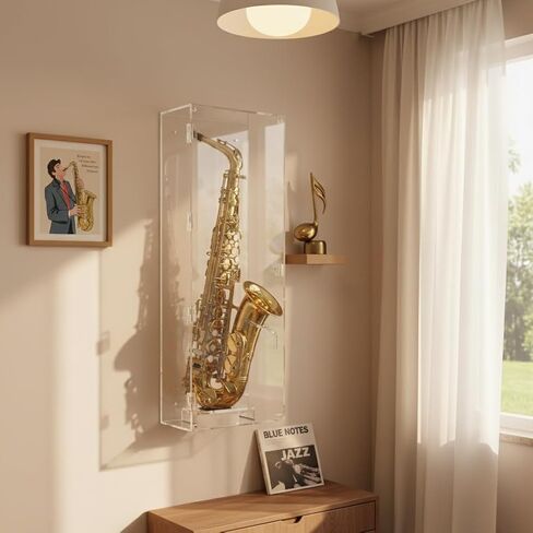 DisplayGifts 29.5" Saxophone Display Case Saprano Alto Saxophone Stand Holder Wall Mount Shadow Box - 98% UV Protected Lockable All Sides Clear in Saudi Arabia