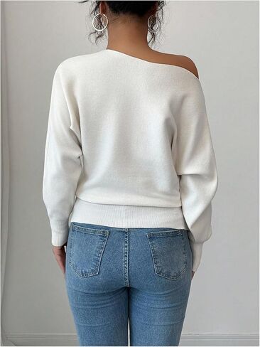 Women's Asymmetrical Neck Sweaters Off Shoulder Long Sleeve Knitwear Cinched Waist Tops in Saudi Arabia
