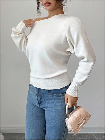 Women's Asymmetrical Neck Sweaters Off Shoulder Long Sleeve Knitwear Cinched Waist Tops in Saudi Arabia