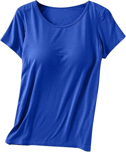 Short Sleeve Shirts for Women with Built-in Bra Padded Summer Loose Solid Cotton T Shirt Basic Crew Neck Tunic Blouse in Saudi Arabia