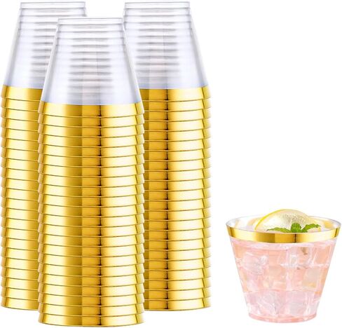 WELLIFE 200 PCS Gold Plastic Cups,9 oz Clear Plastic Cups,Disposable Wine Glasses,Plastic Cocktail Glasses for Party and Wedding in Kuwait