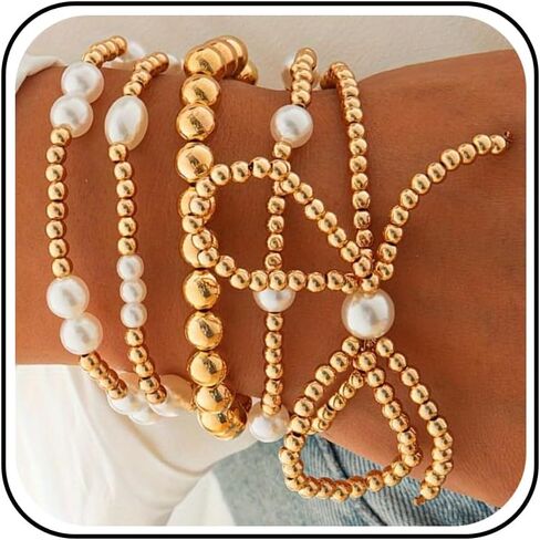 Bow Bracelet for Women Dainty Gold Pearl Beaded Bracelets for Women Trendy 2025 in Saudi Arabia