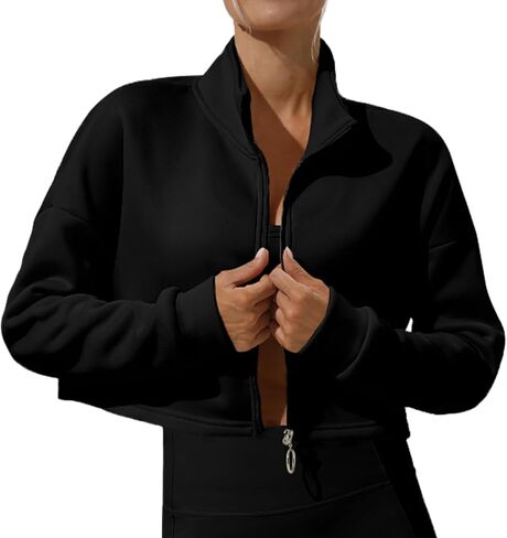 FEOYA Women's Lightweight Crop Workout Jacket Loose Fit Stand Collar Zip Up Athletic Sweatshirt Fall 2024 in Saudi Arabia