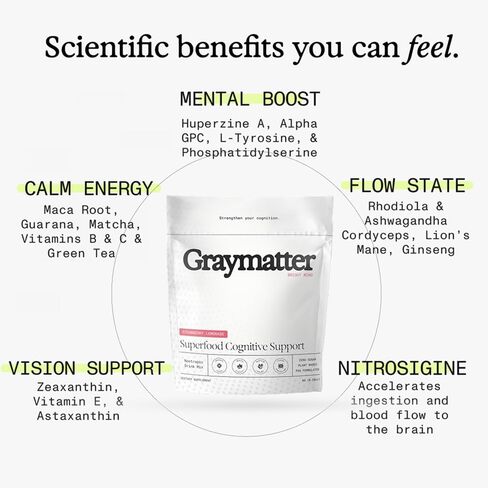 Graymatter Bright Mind Nootropic Powder (6 Travel Packets Variety Pack: Cacao, Tangerine, Strawberry Lemon) – Plant-Based Energy & Focus Drink Mix, Adaptogens & Vitamins, Sugar-Free Daily Supplement in Saudi Arabia