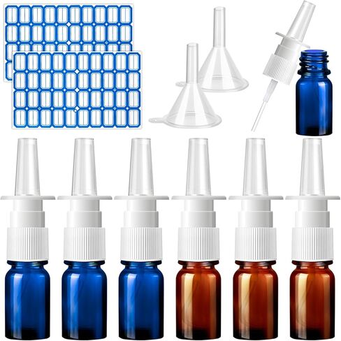 ZHWKMYP 10 Pcs Nasal Spray Bottle, 5ML/0.17OZ 6 Pcs Blue Fine Mist Glass Empty Refillable Nasal Spray Bottle with 2 Funnels and 2 Labels in Saudi Arabia