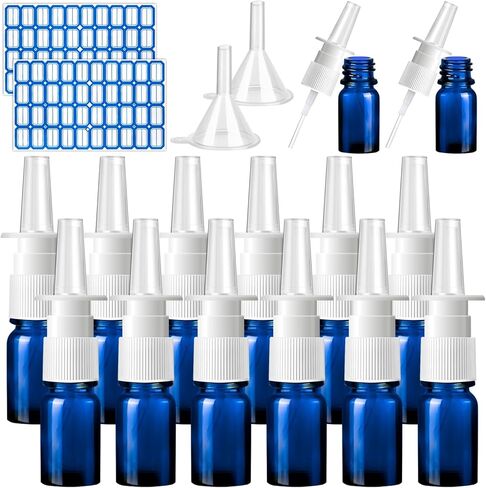 ZHWKMYP 10 Pcs Nasal Spray Bottle, 5ML/0.17OZ 6 Pcs Blue Fine Mist Glass Empty Refillable Nasal Spray Bottle with 2 Funnels and 2 Labels in Saudi Arabia