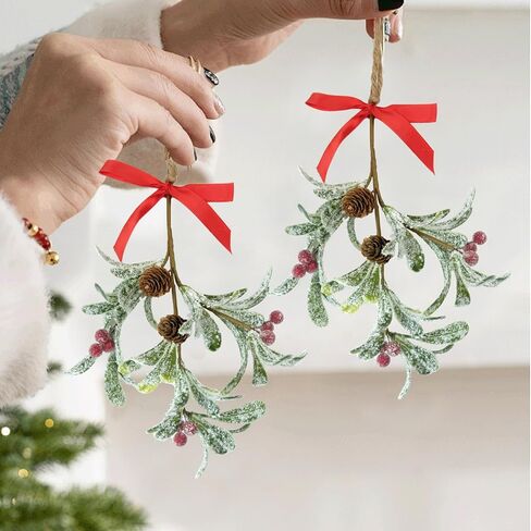 MYUPDALIN Artificial Mistletoe Ornament with Red Bow - Christmas Decoration for Indoor Party (2 Pieces) in Kuwait