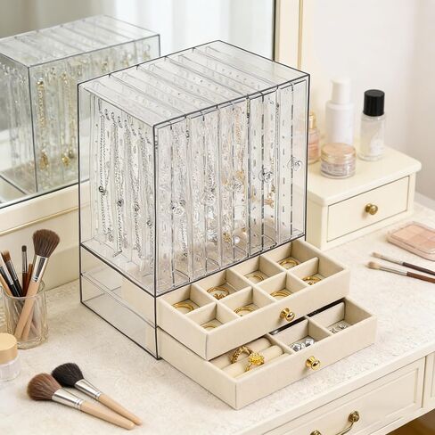 Greenfeather Jewelry Organizer with 7 Removable Drawers, Clear Acrylic Jewelry Box with 40 Necklace Hooks, 120 Pairs of Earring Holes, 2 Velvet-Lined Drawers for Rings, Necklaces, Earrings in Saudi Arabia