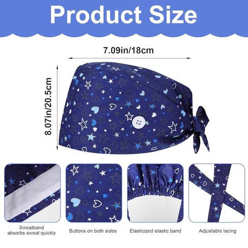 Scrub Caps Adjustable Elastic Bandage Tie Hats Nurse Working Caps with Buttons and Sweatband Confinement Hat Surgical Nurse Hat for Women Men Dentist in Saudi Arabia