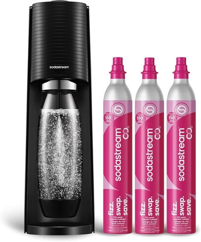 حزمة صانع المياه المتألقة Sodastream Terra باللون الأسود - تشمل ثاني أكسيد الكربون 3 عبوات وزجاجة كربونية in Kuwait