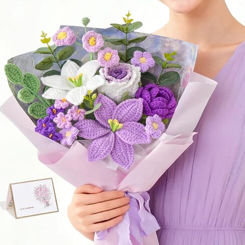 Serwalin Crochet Flower Bouquet, Purple Handmade Knitted Flowers, Liliy Roses Crochet Flowers for Lover Teacher Anniversary Birthday Party Mother's Day Graduation Gifts for Her, Girlfriend, Wife in Saudi Arabia