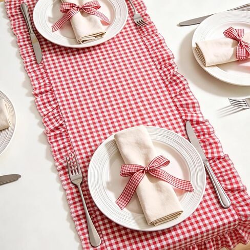 JarThenaAMCS Gingham Ruffle Table Runner Red White Plaid Rustic Ruffled Edge Table Runner Decoration for Farmhouse Valentine Day Baby Bridal Shower Holiday Party Decor, 72 x 12 Inch in Saudi Arabia