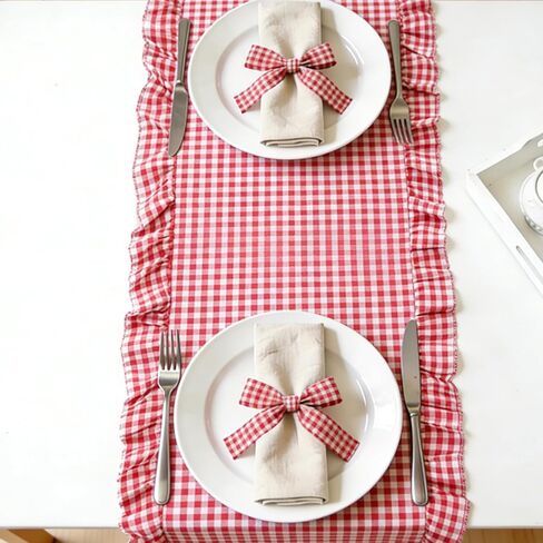 JarThenaAMCS Gingham Ruffle Table Runner Red White Plaid Rustic Ruffled Edge Table Runner Decoration for Farmhouse Valentine Day Baby Bridal Shower Holiday Party Decor, 72 x 12 Inch in Saudi Arabia