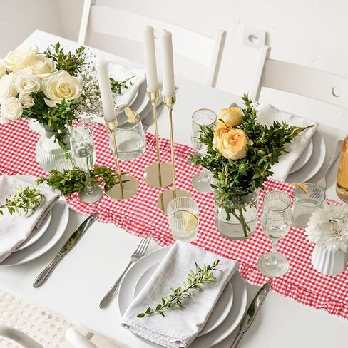 JarThenaAMCS Gingham Ruffle Table Runner Red White Plaid Rustic Ruffled Edge Table Runner Decoration for Farmhouse Valentine Day Baby Bridal Shower Holiday Party Decor, 72 x 12 Inch in Saudi Arabia