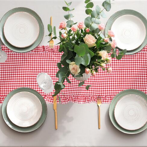 JarThenaAMCS Gingham Ruffle Table Runner Red White Plaid Rustic Ruffled Edge Table Runner Decoration for Farmhouse Valentine Day Baby Bridal Shower Holiday Party Decor, 72 x 12 Inch in Saudi Arabia
