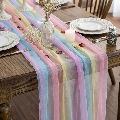 VitalCozy 10 Pcs Pastel Rainbow Tulle Table Runners 30 x 120 Inch Sheer Tulle Colorful Table Runner for Wedding Shower Decorations Garden Bridal Shower Party Decorations in Saudi Arabia