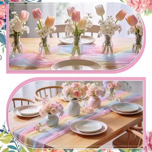 VitalCozy 10 Pcs Pastel Rainbow Tulle Table Runners 30 x 120 Inch Sheer Tulle Colorful Table Runner for Wedding Shower Decorations Garden Bridal Shower Party Decorations in Saudi Arabia