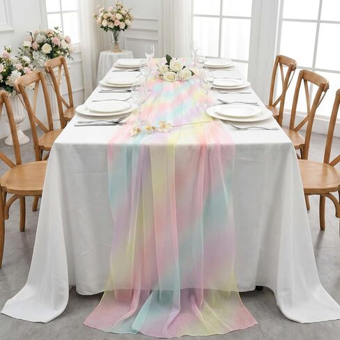 VitalCozy 10 Pcs Pastel Rainbow Tulle Table Runners 30 x 120 Inch Sheer Tulle Colorful Table Runner for Wedding Shower Decorations Garden Bridal Shower Party Decorations in Saudi Arabia