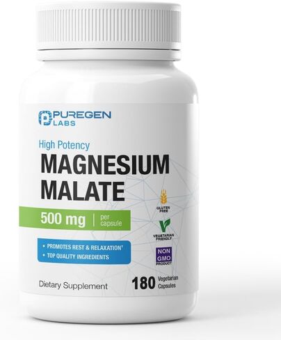 بيورجن لابز مغنيسيوم مالات 500 مجم | عنصر المغنيسيوم عالي الفعالية | 180 كبسولة نباتية، امتصاص فائق، غير معدل وراثيًا، خالٍ من الغلوتين ومنتجات الألبان، يدعم صحة العضلات والمفاصل والقلب in Kuwait