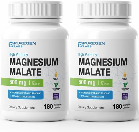 Puregen Labs Magnesium Malate 500mg | High Potency Elemental Magnesium | 180 Veggie Caps, Superior Absorption, Non-GMO, NO Gluten and Dairy, Supports Muscle, Joint, and Heart Health in Saudi Arabia
