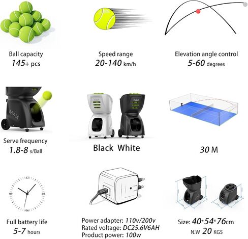 Padel-MAX C-【Smart Padel Ball Machine】 145+ Ball Capacity | 5-7 Hours Battery Life | Speed 20-140km/h | 28 Landing Points | 26 Fixed Modes | APP Control | Ideal for Individual Training in Saudi Arabia