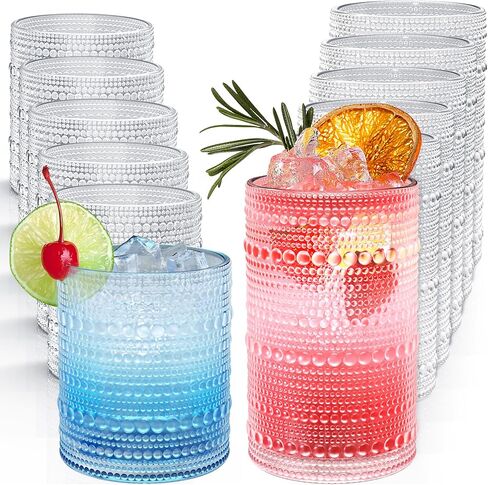 Vintage Hobnail Drinking Glasses Set of 12, 12 oz Highball Glasses & 10 oz Cocktail Glasses, Embossed Glass Cups, Clear Water Glasses Kitchen Bar Glassware Set for Beer, Juice, Cocktail, Whiskey in Saudi Arabia