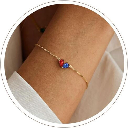 RLMOON Valentine's Day Gift Gold Bracelets for Women Dainty 2 Birthstones Heart Charm Bracelet Non Tarnish 14K Gold Plated Red CZ Bracelets for Bridesmaid Mother and Daughter Anniversary Birthday Gift in Saudi Arabia