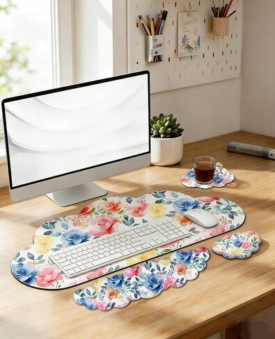 JIKIOU Large Cloud Mouse Pad Waterproof with Cloud Keyboard Wrist Pad and Cloud Mouse Wrist Pad Set, Ergonomic Computer Desk Wrist Support Mousepad for Keyboard and Mouse 35.4x15.7in Rainbow in Saudi Arabia