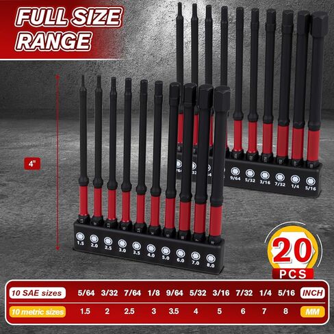 مجموعة لقم سداسية من DIYSELF مقاس 4 بوصات مترية وSAE، 20 قطعة 1/4 بوصة مجموعة لقم مثقاب ألين لسائق الصدمات، مجموعة لقم مثقاب فولاذية S2، لقم تأثير مغناطيسية بآلة CNC للسيارات، تجميع الأثاث، DIY in Kuwait