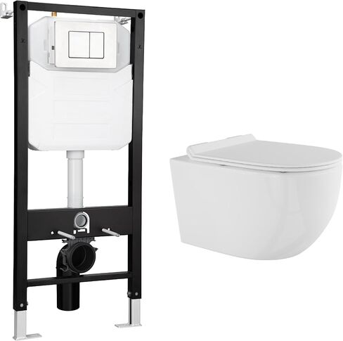 Eridanus Wall Hung Toilet with Tank, 2x6 In-Wall Toilet Tank Carrier, Wall Mounted Toilet Combo Set, Dual-Flush Plate Included, Floating Bowl With Soft-Close Seat, Glossy White, 2 Separate Packages in Saudi Arabia