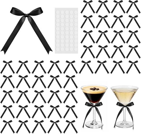 Riceshoot 50 Pcs Black Mini Bows for Wine Glasses 2.55''x3.54'' Satin Ribbon Bow with Adhesive Dots for Champagne Glass Candle Holder Wine Glass Bow for a Tini Bit Older Espresso Martini Party Decor in Saudi Arabia