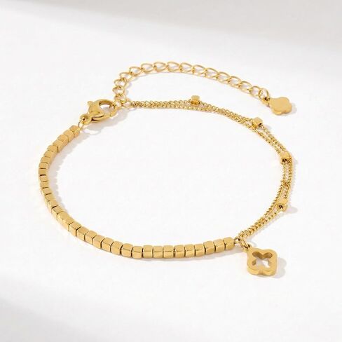 14k Gold Plated Sparkling White Cubic Zirconia Clover Bracelet for Women, Dainty Four Leaf Clover Sparkling White Bracelet, Adjustable Size, Trendy Jewelry Gifts For Her in Saudi Arabia