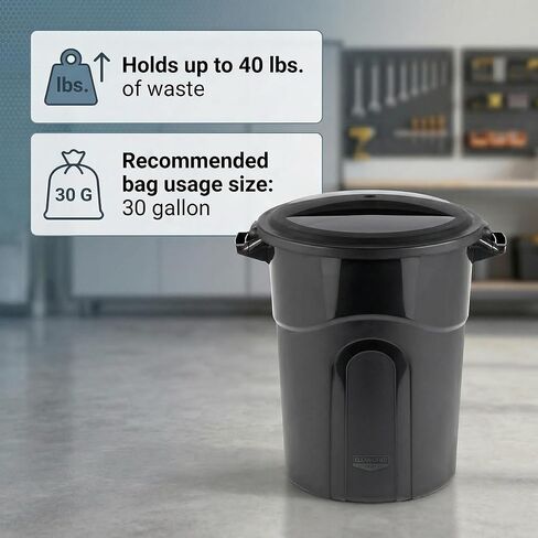 20 Gallon Heavy Duty Plastic Garbage Can with Locking Lid, Black Outdoor Trash Bin for Garage, Patio, and Office, Injection Molded Round Waste Container for 30 Gallon Bags, 40 lb Load Capacity in Saudi Arabia