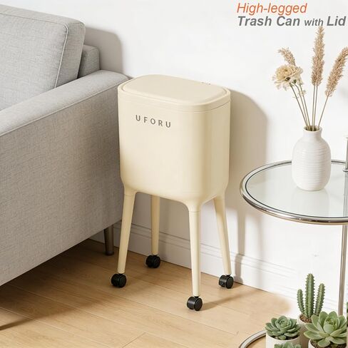 High-Legged Trash Can with Lid, 4 Gallon Modern Small Garbage Bin with Wheels, Removable Inner Bucket, Beige, Includes 30 Garbage Bags in Kuwait