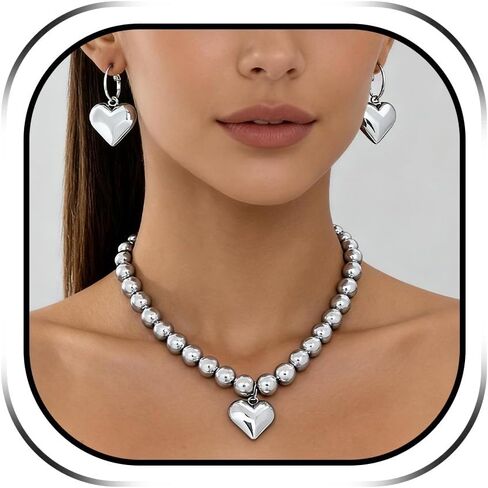 JAVARNV Chunky Heart Necklace Earrings Set Dainty Beaded Chain Heart Necklaces Statement Accessories Valentine's Day Trendy Jewelry Gifts in Saudi Arabia