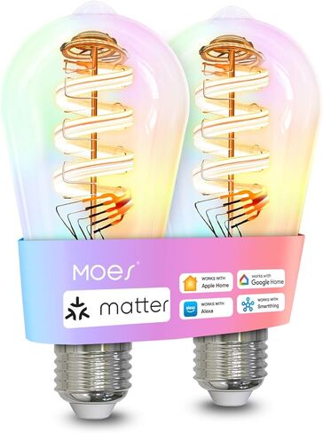 مصابيح MOES Matter WiFi ST64 Edison الذكية، لمبة إضاءة متغيرة اللون، 16 مليون لون RGB وأبيض قابل للضبط، تعمل مع Apple Home، Alexa، Google Home، E26 Dimmable 5W (ما يعادل 40W)، عبوتان in Kuwait