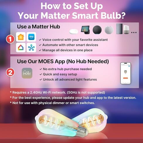 مصابيح MOES Matter WiFi ST64 Edison الذكية، لمبة إضاءة متغيرة اللون، 16 مليون لون RGB وأبيض قابل للضبط، تعمل مع Apple Home، Alexa، Google Home، E26 Dimmable 5W (ما يعادل 40W)، عبوتان in Kuwait