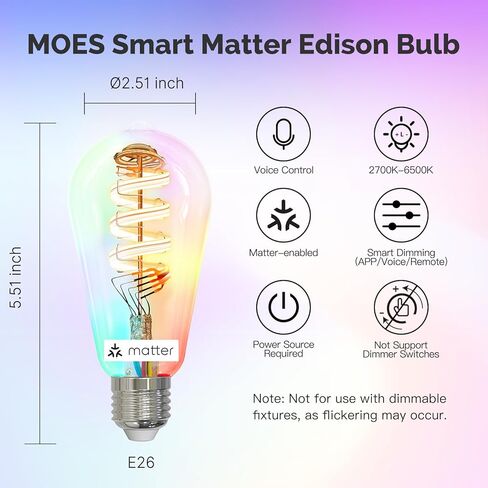 مصابيح MOES Matter WiFi ST64 Edison الذكية، لمبة إضاءة متغيرة اللون، 16 مليون لون RGB وأبيض قابل للضبط، تعمل مع Apple Home، Alexa، Google Home، E26 Dimmable 5W (ما يعادل 40W)، عبوتان in Kuwait