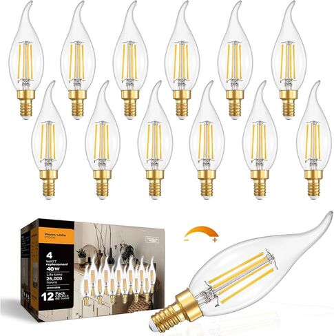 Dimmable LED Candelabra Bulbs 40 Watt Equivalent, 2700K Soft Warm White Chandelier Light Bulbs, 4W 460 Lumens Flame Tip Candle Light Bulbs, E12 Base Bulbs, 90+CRI, 12 Packs in Saudi Arabia