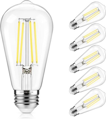 ASOMST Vintage LED Edison Bulbs 5000K Daylight White, 60W Equivalent ST58 Dimmable Filament Light Bulb, 850 Lumens, E26 Base, Energy-Saving LED Edison Lights, Pack of 6 in Saudi Arabia