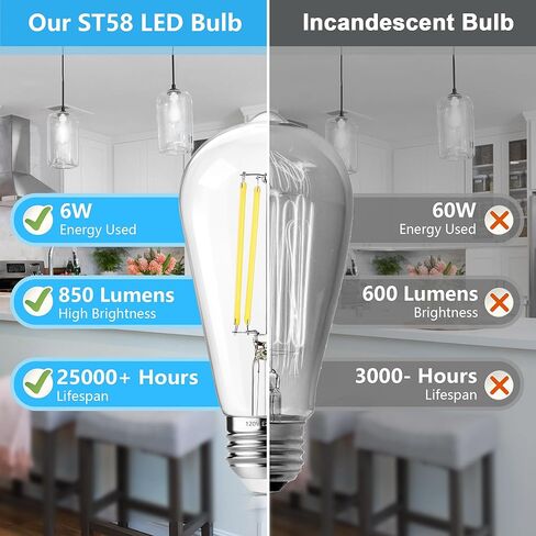 ASOMST Vintage LED Edison Bulbs 5000K Daylight White, 60W Equivalent ST58 Dimmable Filament Light Bulb, 850 Lumens, E26 Base, Energy-Saving LED Edison Lights, Pack of 6 in Saudi Arabia