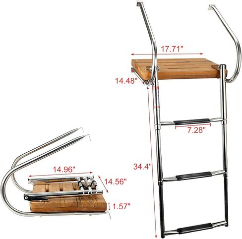 YaeMarine 3 Steps Inboard Teak Swim Platform Ladder Stainless Telescopic Boat Ladder Boat Boarding Ladders with 2 Rails in Saudi Arabia