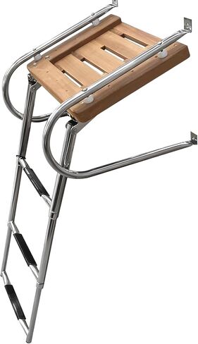 YaeMarine 3 Steps Inboard Teak Swim Platform Ladder Stainless Telescopic Boat Ladder Boat Boarding Ladders with 2 Rails in Saudi Arabia