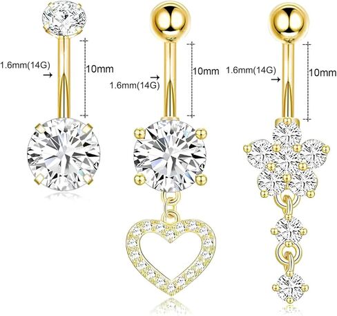 مجموعة واحدة فضية مع زركون 1.6 مم (14 جرام) زهرة طويلة وقلب متدلي على شكل زر حلقة ثقب للنساء مجوهرات ثقب الجسم مشبك هيبوالرجينيك من الفولاذ المقاوم للصدأ من التيتانيوم 10 مم in Kuwait