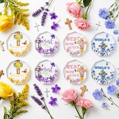 Roowest 8 Pcs Happy Mother's Day Christian Church Gifts Bulk Best Mom Ever Butterfly Flowers Cross Acrylic Award Plaques Religious Party Favors for Mom Women Office Home Table Decorations in Saudi Arabia