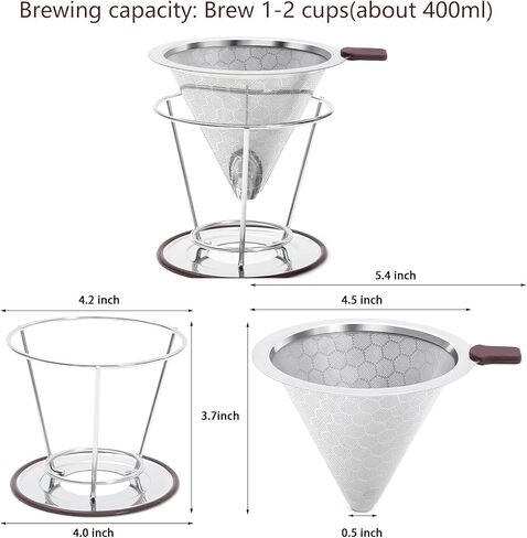 Pour Over Coffee Dripper Stainless Steel Coffee Filter Metal Cone Filter Paperless Reusable Single Cup Maker 1-2 Cup With Non-slip and Removable Cup Stand in Saudi Arabia