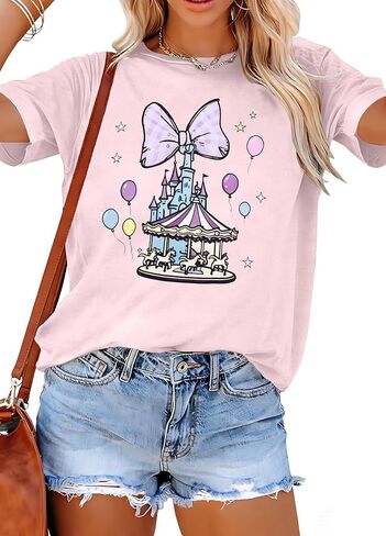 قميص المملكة السحرية قمصان سحرية للنساء تي شيرت برسومات على شكل فيونكة على شكل قلعة لقضاء العطلات وأكمام قصيرة لطيفة in Kuwait