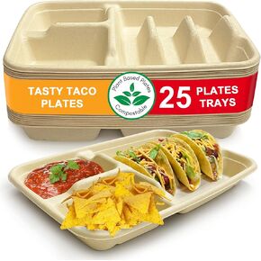 3-Taco & 2-Sides Taco Plates, Disposable Paper Plates with Dividers – 25 PACK | Taco Tray for Party, Fiesta Taco Holder, Taco Stand for Taco Tuesday & Taco Bar, Microwave-Safe Taco Plates (25 Plates) in Saudi Arabia